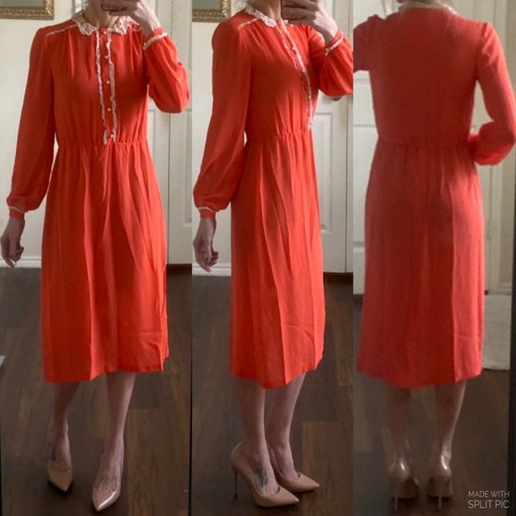 Handmade Dresses & Skirts - Vintage 1970s handmade orange ivory lace long sleeve a-line midi dress